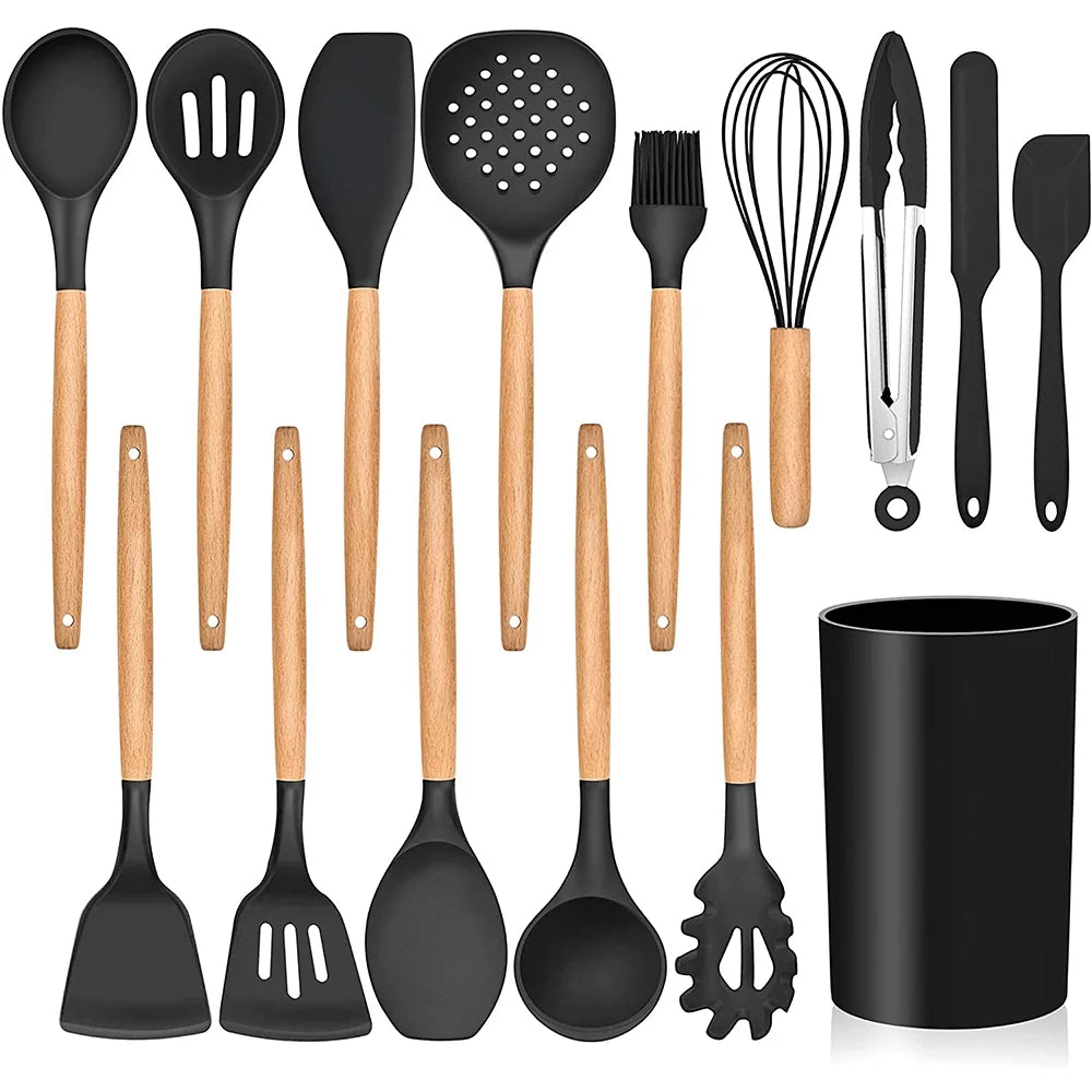Walchoice 15-Piece Kitchen Silicone Cooking Utensils Set with Holder, Wooden Handle Kitchen Tools Include Spatula Tong Slotted Spoon Turner Whisk Brush, Black