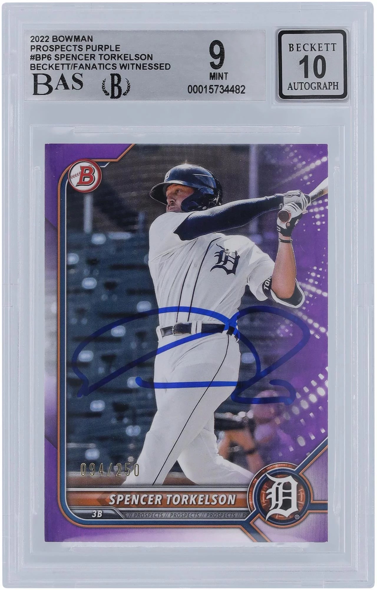 Spencer Torkelson Detroit Tigers Autographed 2022 Bowman Purple #BP6 #/250 Beckett Fanatics Witnessed Authenticated 9/10 Rookie Card - Fanatics Authentic Certified