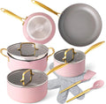 Styled Settings White Pots and Pans Set Nonstick-15 Piece Luxe White Cookware Set PFOA Free Non Toxic Oven Safe Induction Safe Cooking Pot with Strainer Lid Gold Cooking Utensils Gold Pot