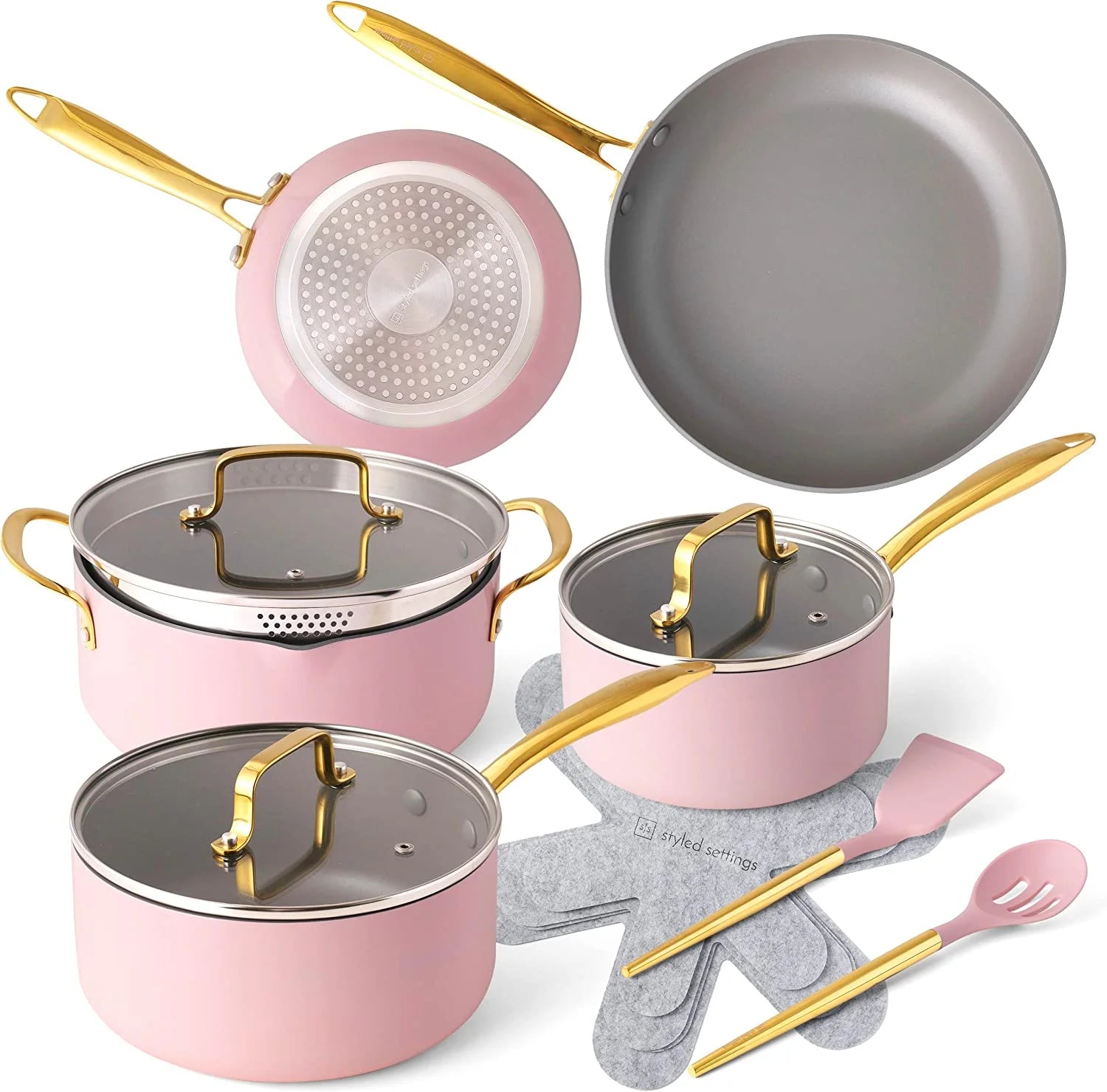 Styled Settings White Pots and Pans Set Nonstick-15 Piece Luxe White Cookware Set PFOA Free Non Toxic Oven Safe Induction Safe Cooking Pot with Strainer Lid Gold Cooking Utensils Gold Pot