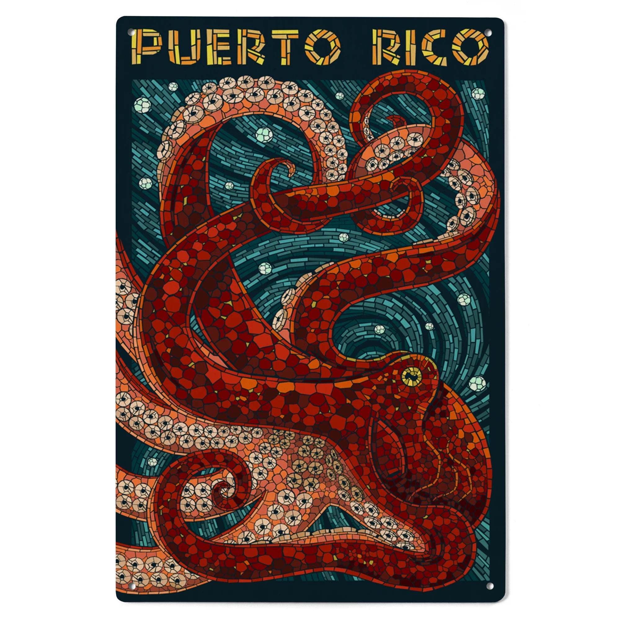 Puerto Rico, Octopus Mosaic Birch Wood Wall Sign (6x9 Rustic Home Decor, Ready to Hang Art)