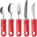 Special Supplies Adaptive Utensils (5-Piece Kitchen Set) Wide, Non-Weighted, Non-Slip Handles for Hand Tremors, Arthritis, Parkinson?s or Elderly Use - Stainless Steel Knives, Fork, Spoons - Red