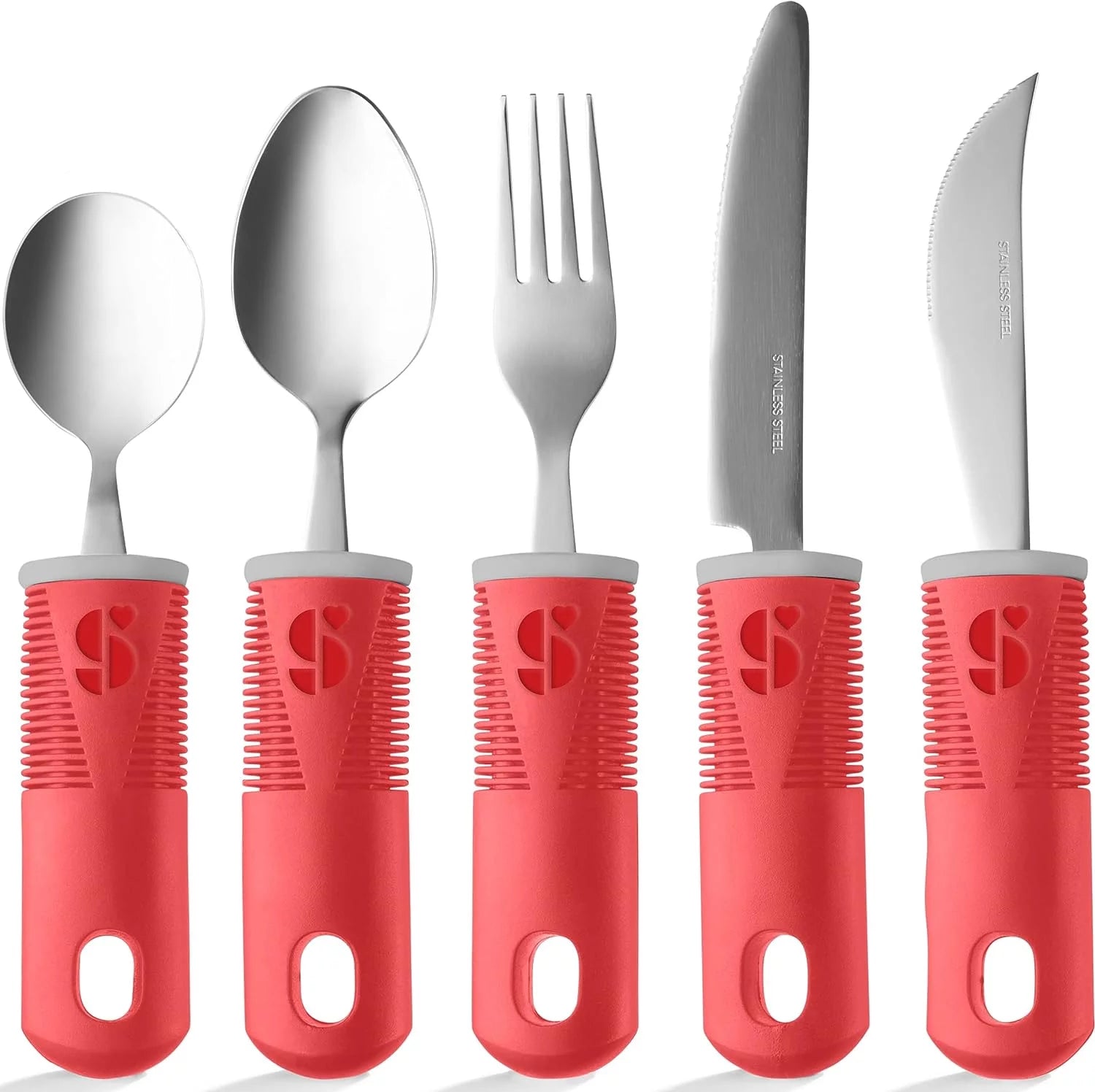 Special Supplies Adaptive Utensils (5-Piece Kitchen Set) Wide, Non-Weighted, Non-Slip Handles for Hand Tremors, Arthritis, Parkinson?s or Elderly Use - Stainless Steel Knives, Fork, Spoons - Red