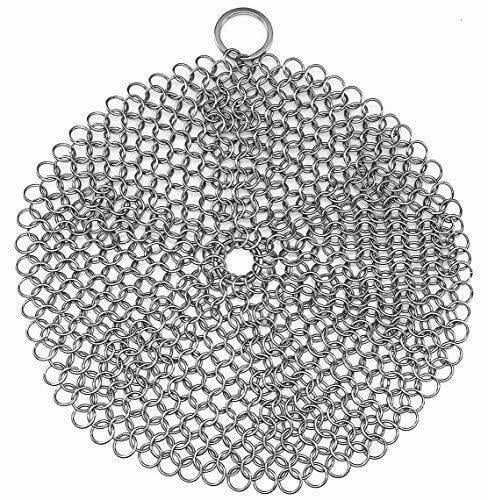 Cast Iron Scrubber 316 Stainless Steel Cast Iron Skillet Cleaner Scraper Chainmail Scrubber Chain Scrub for Cast Iron Pre-Seasoned Pans, Griddles, BBQ Grills, and More Pot Cookware Cleaning-8x6 Inch Stainless Steel Color-square