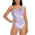 Easygdp Lavender Glitter Foil Stripes Women's One Shoulder Ruffle Monokini Bathing Suits with Removable Chest Pad, Quick Drying - X-Large