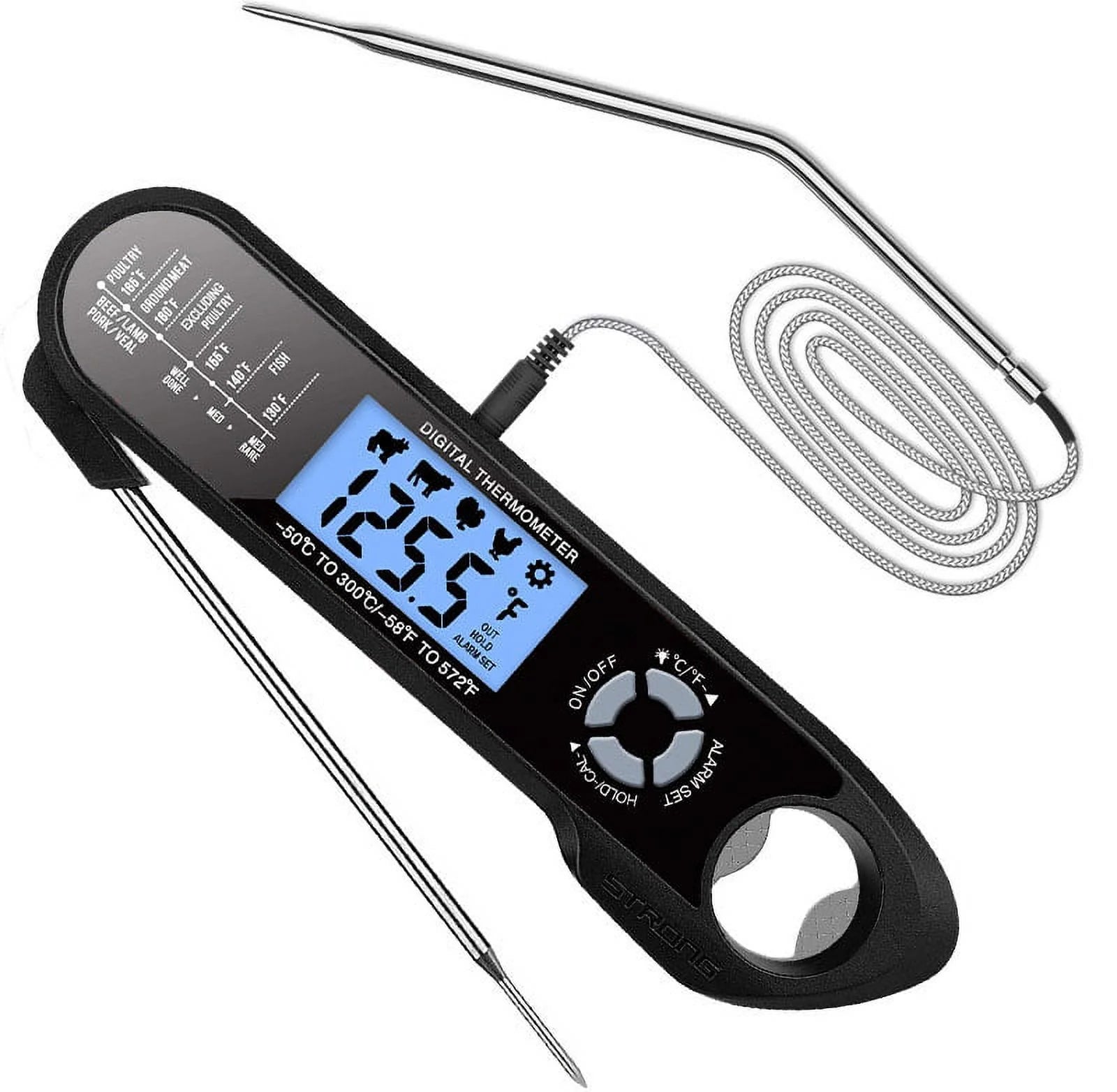 Meat Thermometer, Oven Safe Meat Thermometer, 2 in 1 Digital Food Thermometer with Alarm Function Backlight for Cooking, Grilling, Smoking, Frying, Baking, Kitchen