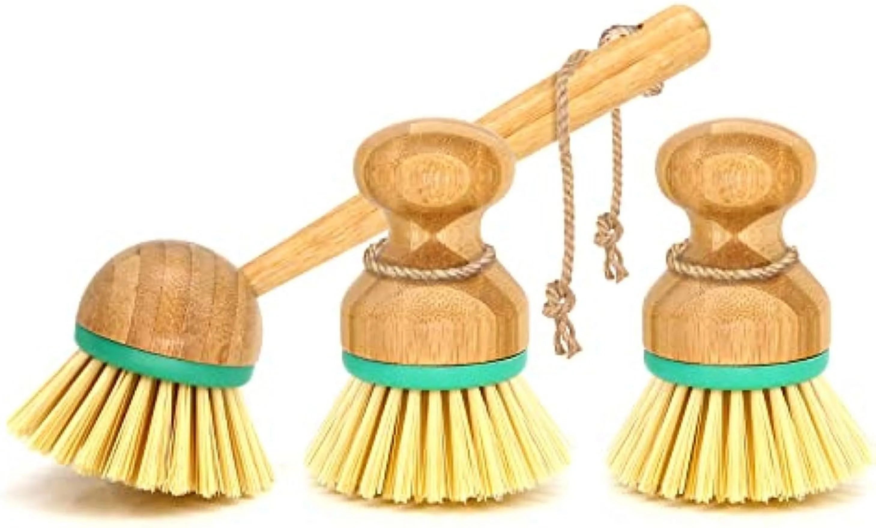 Set of 3 Dish Scrub Brushes Bamboo Handle Wooden Cleaning Scrubbers Brushes Stiff Bristles for Washing Kitchen Cast Iron Pan Pot Dish Vegetables Sink Wet Scrubber Brush(2 Mini and 1 Long Handle)