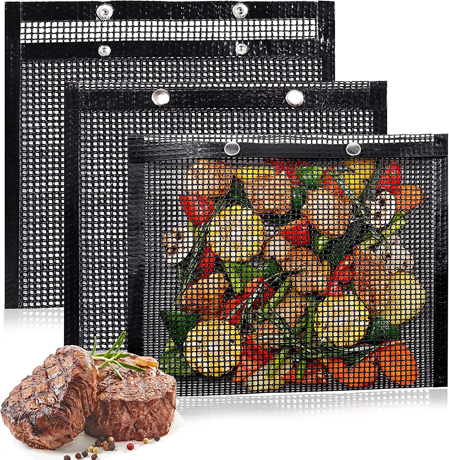 WOVTE BBQ Mesh Grill Bags for Outdoor Grill Reusable, 3 Pack Non-Stick Barbecue Bags for Charcoal Gas Electric Grills Smokers BBQ Veggie Grill Bags for Cooking Vegetables