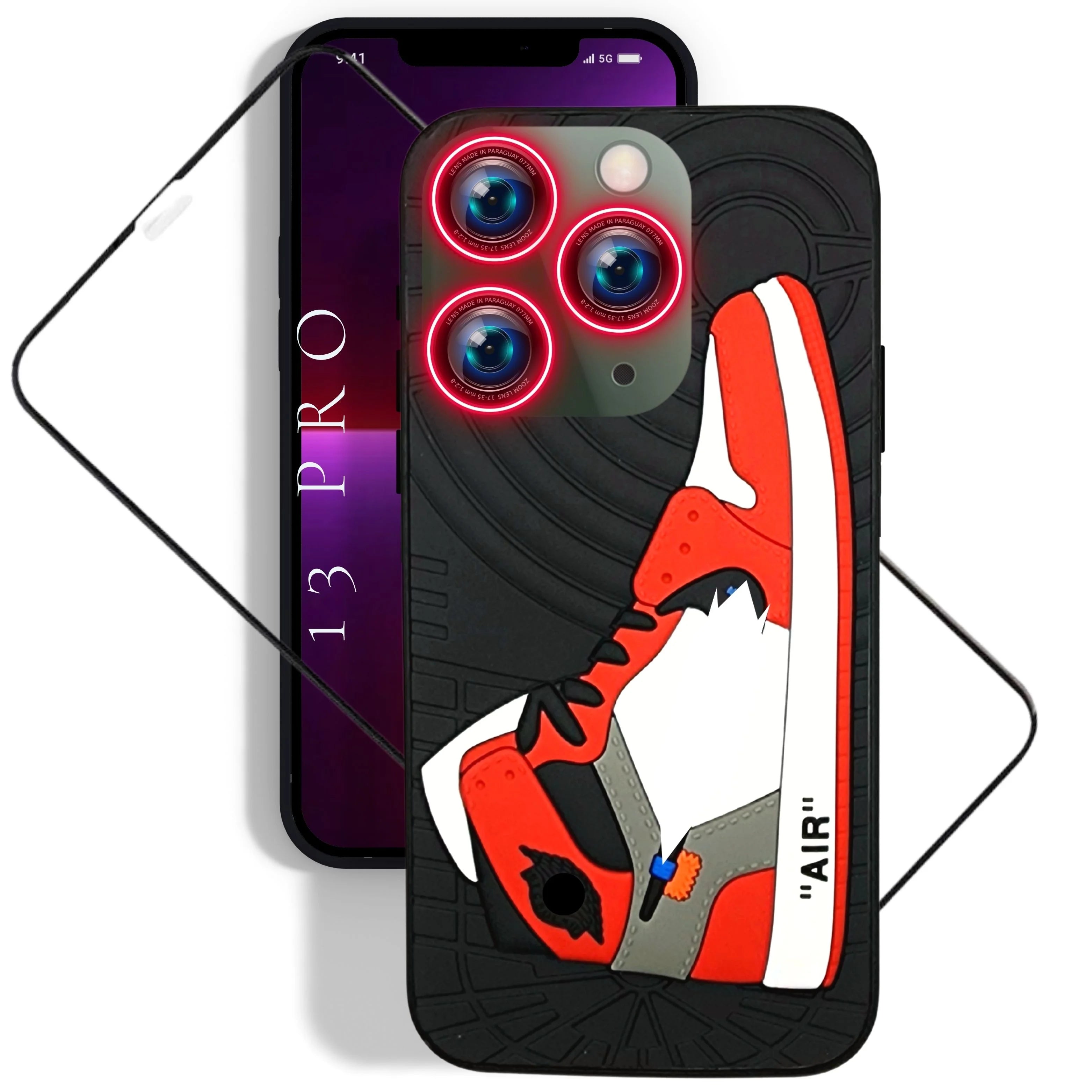 QuAngy Assureify Case for Apple iPhone 13 Pro - 3D Sneaker Shoe-Kicks Design TPU Black-Red Fashion Case - Rugged Bumper Shockproof 360 Protection with Luminous Camera Lenses + Screen Protector