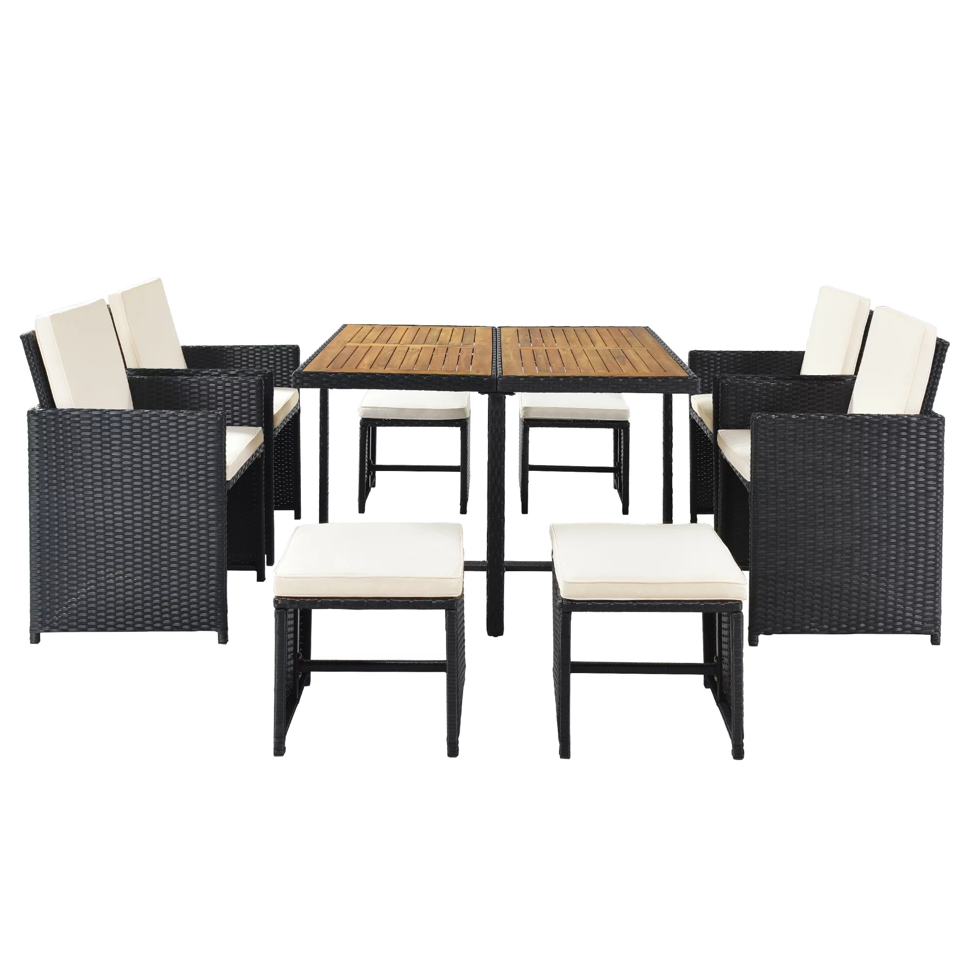 Outdoor Garden Sectional Patio Conversation Set, 9-Piece All-Weather PE Wicker Dining Set with 4 Stools, Removable Cushions, Solid Wood Coffee Table for Porch Pool Backyard, 330lbs, S6030