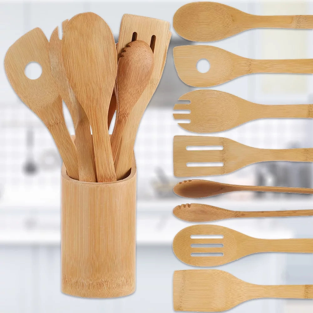 Kitchen Utensil Set with Holder,Bamboo 8Pcs  Spoons for Cooking & Spatulas for Nonstick Cookware Kitchen Tools Spatula Spoon Fork Holder