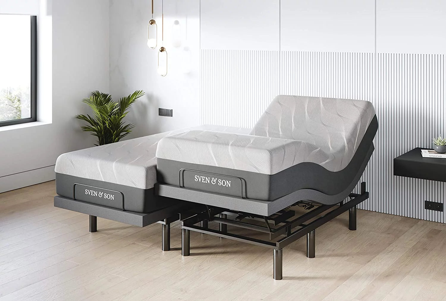 Sven &amp; Son Split King Adjustable Bed Base Frame (Head Tilt) + 14\u201D Luxury Cool Gel Memory Foam Mattress  Head &amp; Foot USB Ports  Zero Gravity  Interactive Dual Massage  Wireles