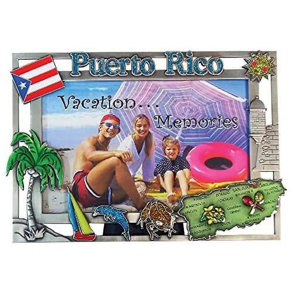 Pewter Picture Frame Puerto Souvenir Gift Durable Pewter Flag, Island Map And Palm Tree Photo Frames 4X6 - Great San Juan Gift Idea