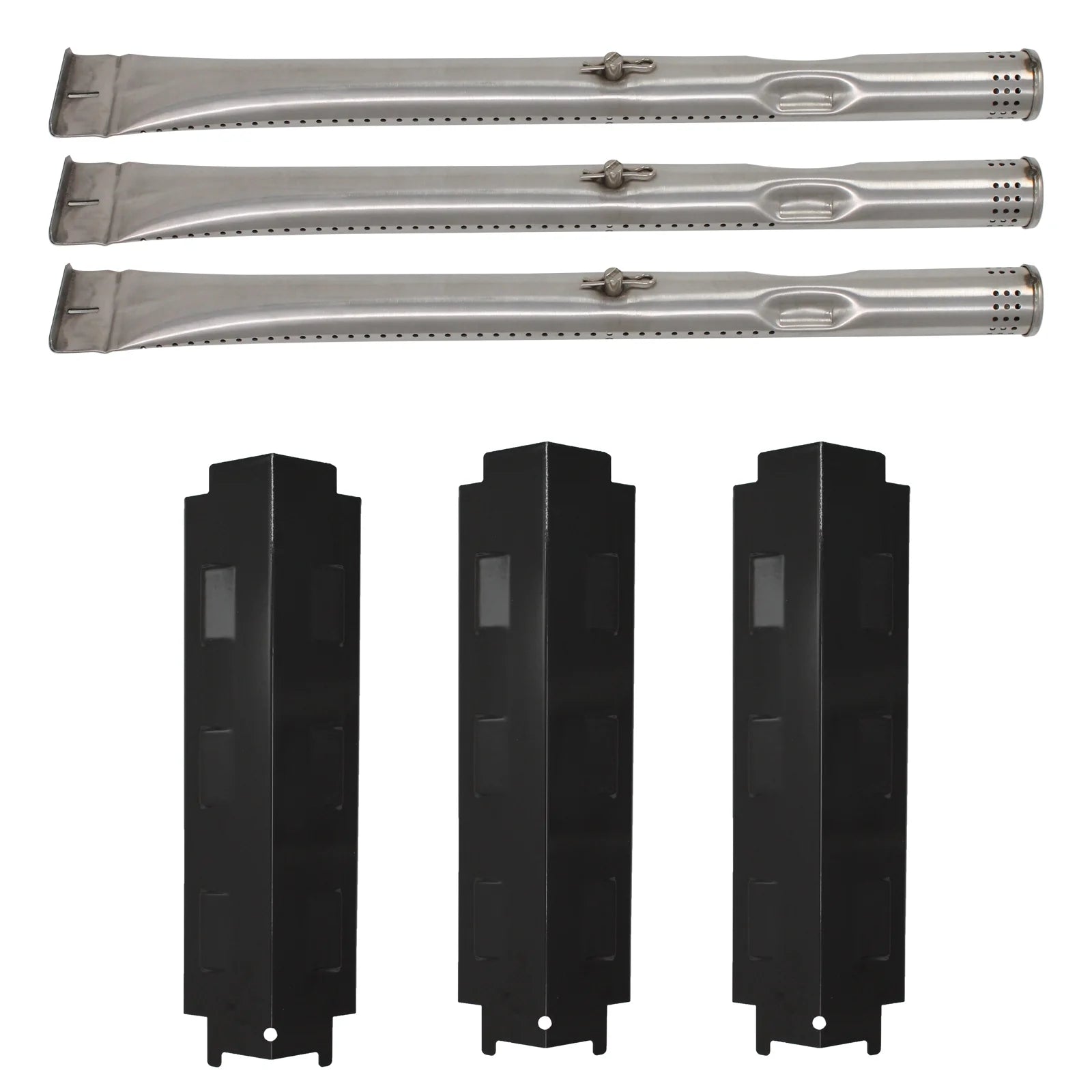 3-Pack BBQ Gas Grill Tube Burner & Heat Shield Plate Tent Replacement Parts for Thermos 466360113 - Compatible Barbeque Stainless Steel Pipe Burners & Flame Tamer, Guard, Deflector, Flavorizer Bar