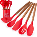 Zulay Kitchen Non-Stick Silicone Utensils 5-Piece Set with Acacia Wood Handles & Holder Christmas Red