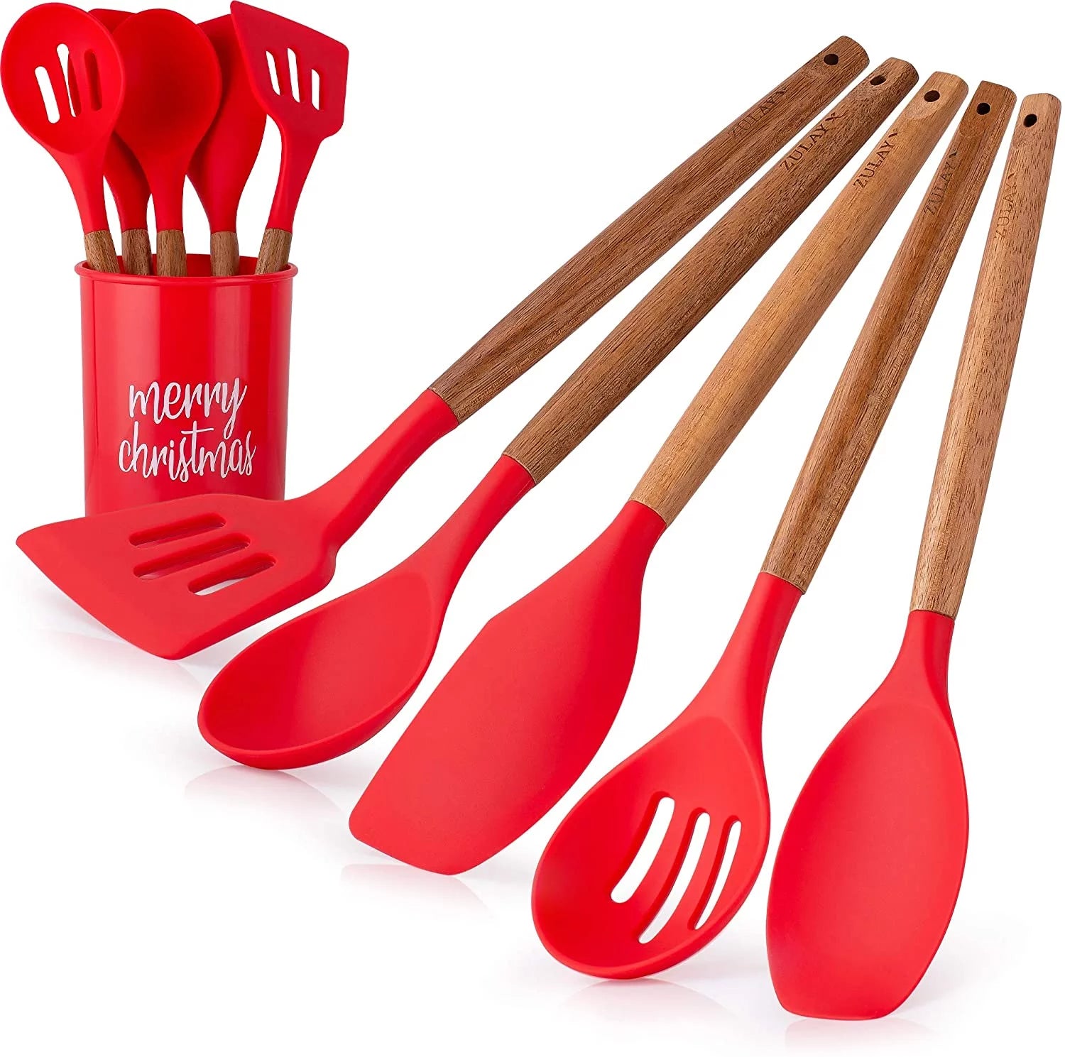 Zulay Kitchen Non-Stick Silicone Utensils 5-Piece Set with Acacia Wood Handles & Holder Christmas Red