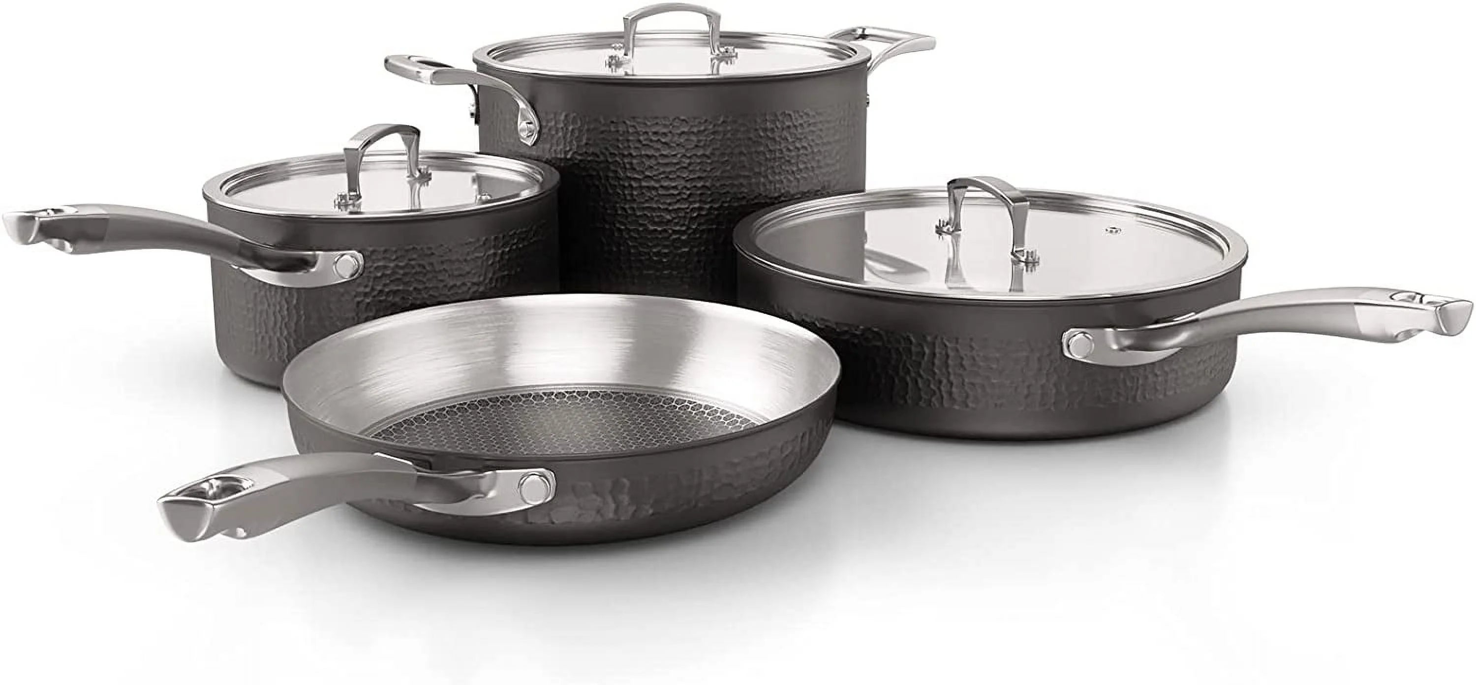 Homaz life Pots and Pans Set  Tri-Ply Stainless Steel Hammered Kitchen Cookware  Induction Compatible  Dishwasher and Oven Safe  Non-Toxic  Professional Grade Cooking Sets  7-Piece  Rose