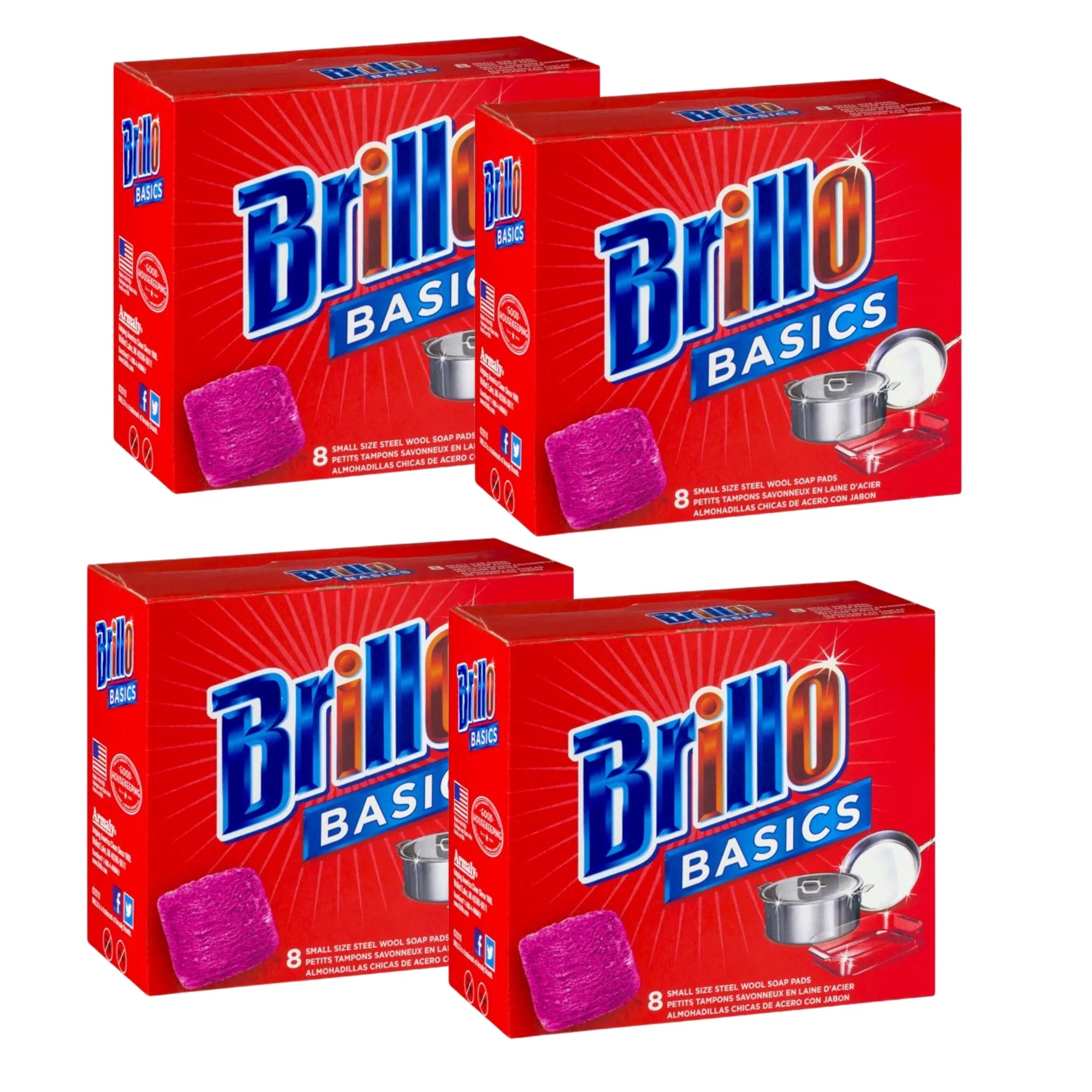 Brillo Steel Wool Soap Pads Smaller Size Original Reusable Non-Scratch Scrubber for Household Kitchen Dishes Pots Pans and Metal Grills Easy Cleaning of Tough Kitchen Grease and Oil 8ct Pack of 4