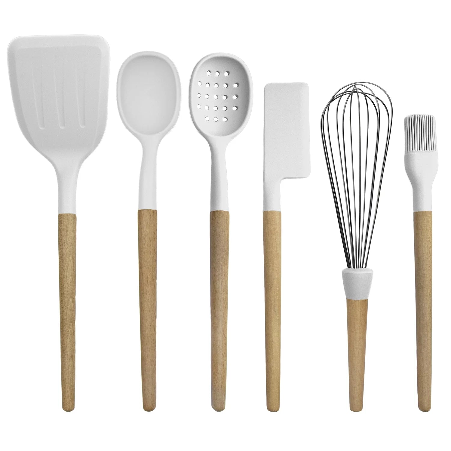 Country Kitchen Non-Stick Kitchen Utensil Cooking and Baking Set with Wooden Handles, White