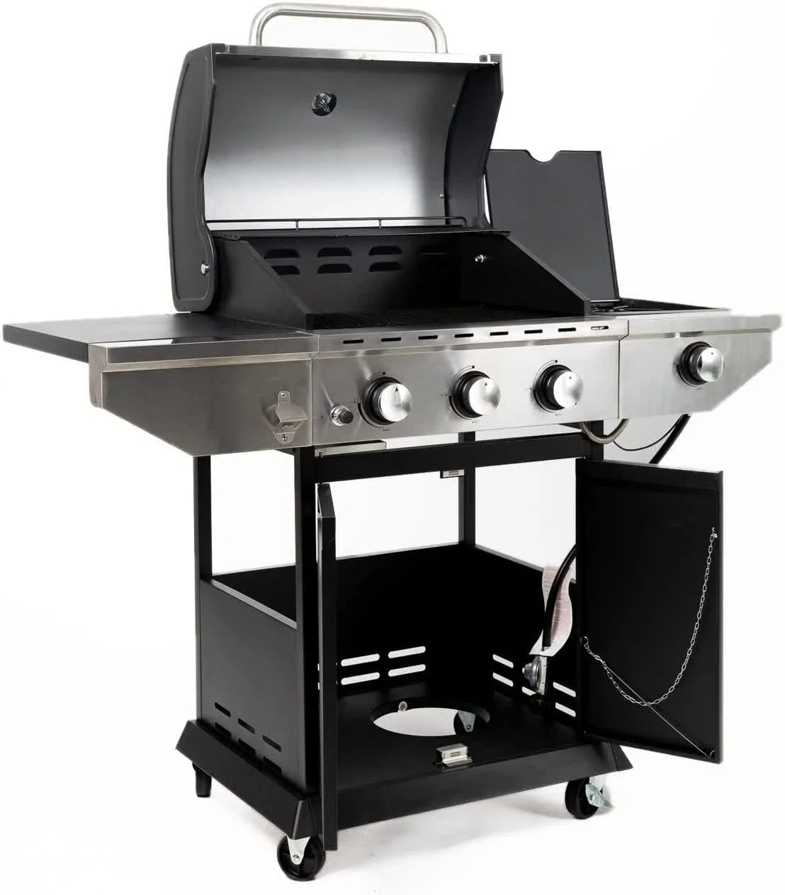 Tabaray 3 Burner BBQ Propane Gas Grill,33,950 BTU Stainless Steel Outdoor Patio Garden Barbecue Grill with Stove and Side Table,4 Wheels (3 Burner)